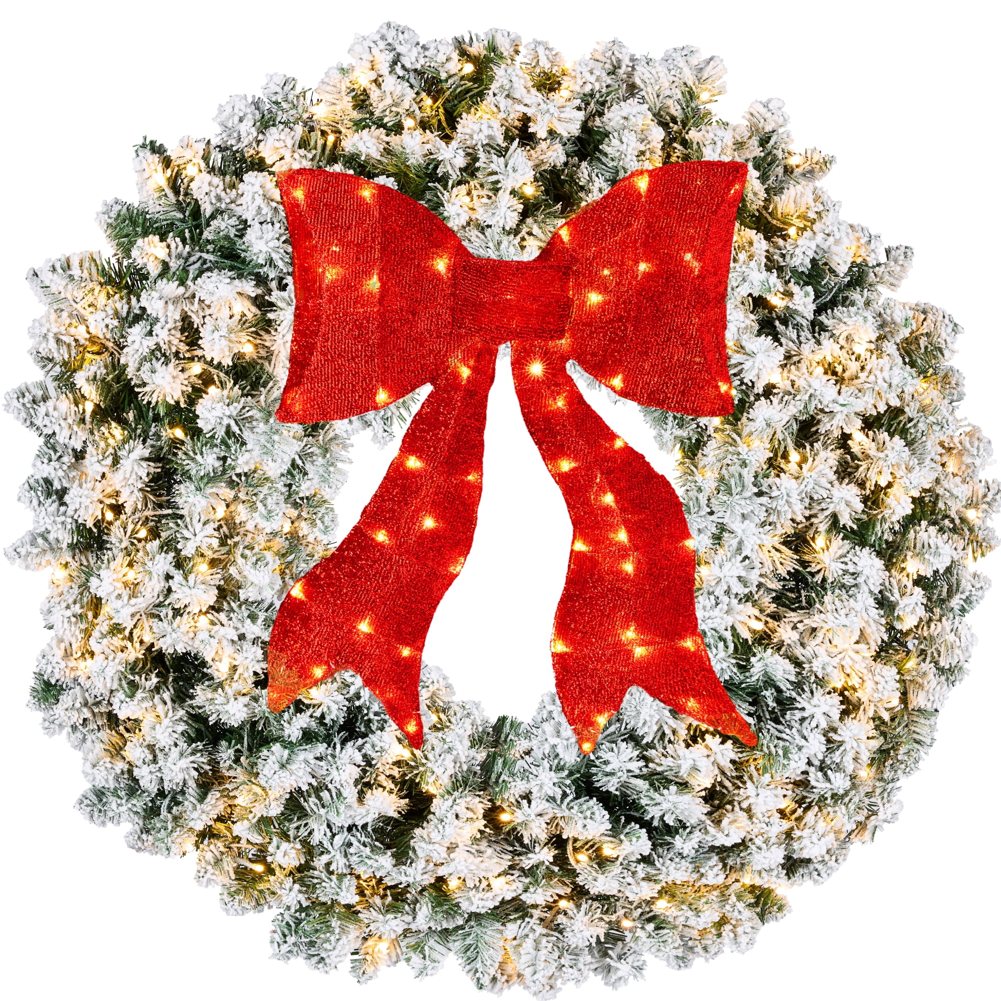 48-Inch Flocked Fir Christmas Wreath with Red Bow and LED Lights