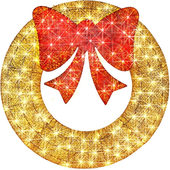 Best Choice Products 48in Pre-Lit Outdoor Christmas Wreath, LED Metal Holiday Decor w/ 140 Lights, Bow - Gold/Red
