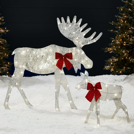 Best Choice Products 4ft 2-Piece Lighted 2D Christmas Moose Set Outdoor Decor w/ 125 LED Lights, Stakes - White