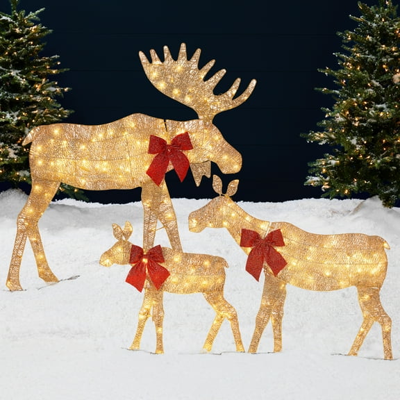 Best Choice Products 4ft 3-Piece Lighted 2D Christmas Moose Set Outdoor Decor w/ 195 LED Lights, Stakes - Gold