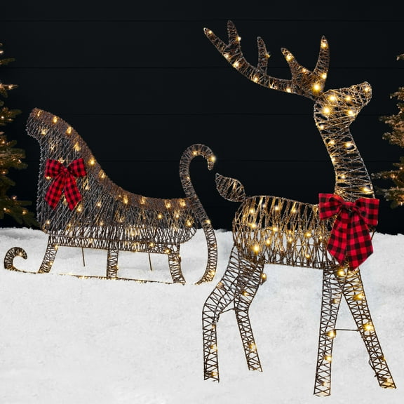 Best Choice Products 4ft Lighted 2D Christmas Reindeer & Sleigh Set Outdoor Decor w/ 140 Warm White LED Lights - Rattan