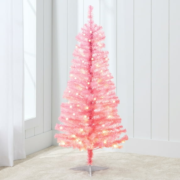 Best Choice Products 4ft Pre-lit Colored Christmas Tree, Artificial Tree Holiday Decor w/ LED Lights - Pink Tinsel