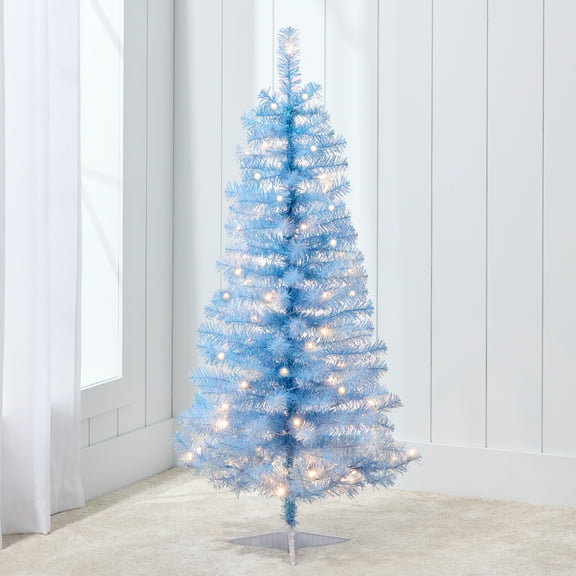 Best Choice Products 4ft Prelit Colored Christmas Tree, Artificial Tree Holiday Decor w/ LED Lights - Baby Blue Tinsel