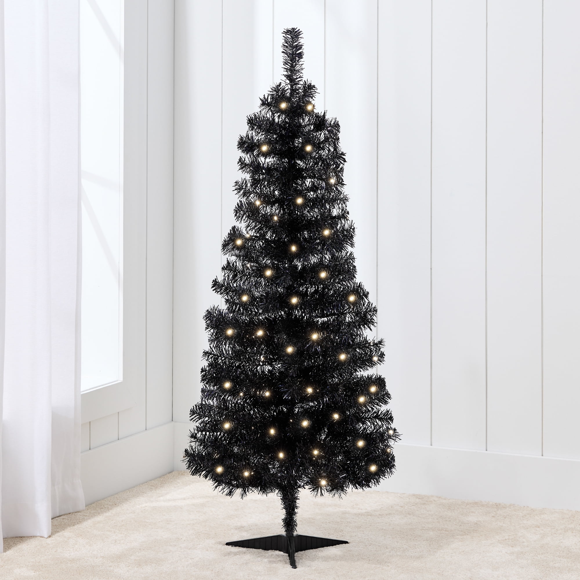 Best Choice Products 4ft Prelit Colored Christmas Tree, Artificial Tree Holiday Decor w/ Warm White LED Lights - Black Tinsel