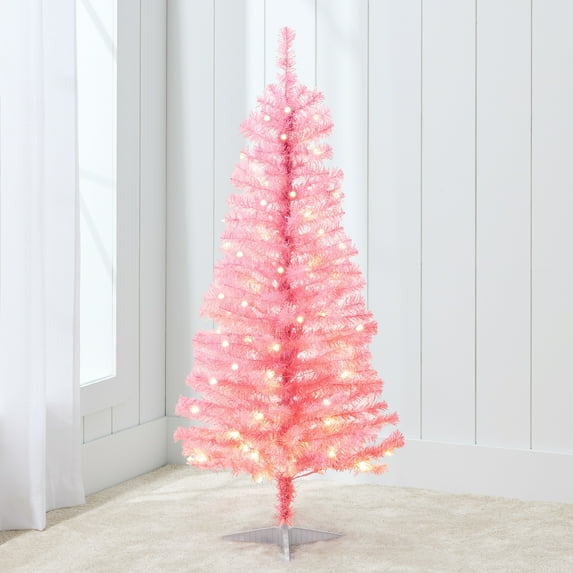 Best Choice Products 4ft Prelit Colored Christmas Tree, Artificial Tree Holiday Decor w/ LED Lights - Pink Tinsel