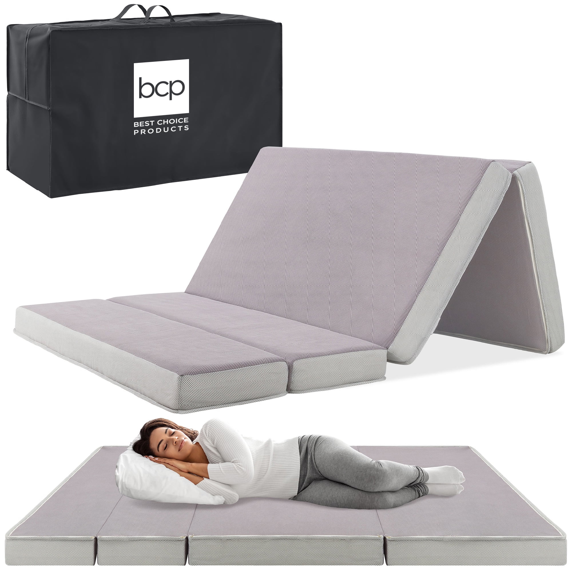 Full-Size Gray Folding Portable Mattress with Washable Cover