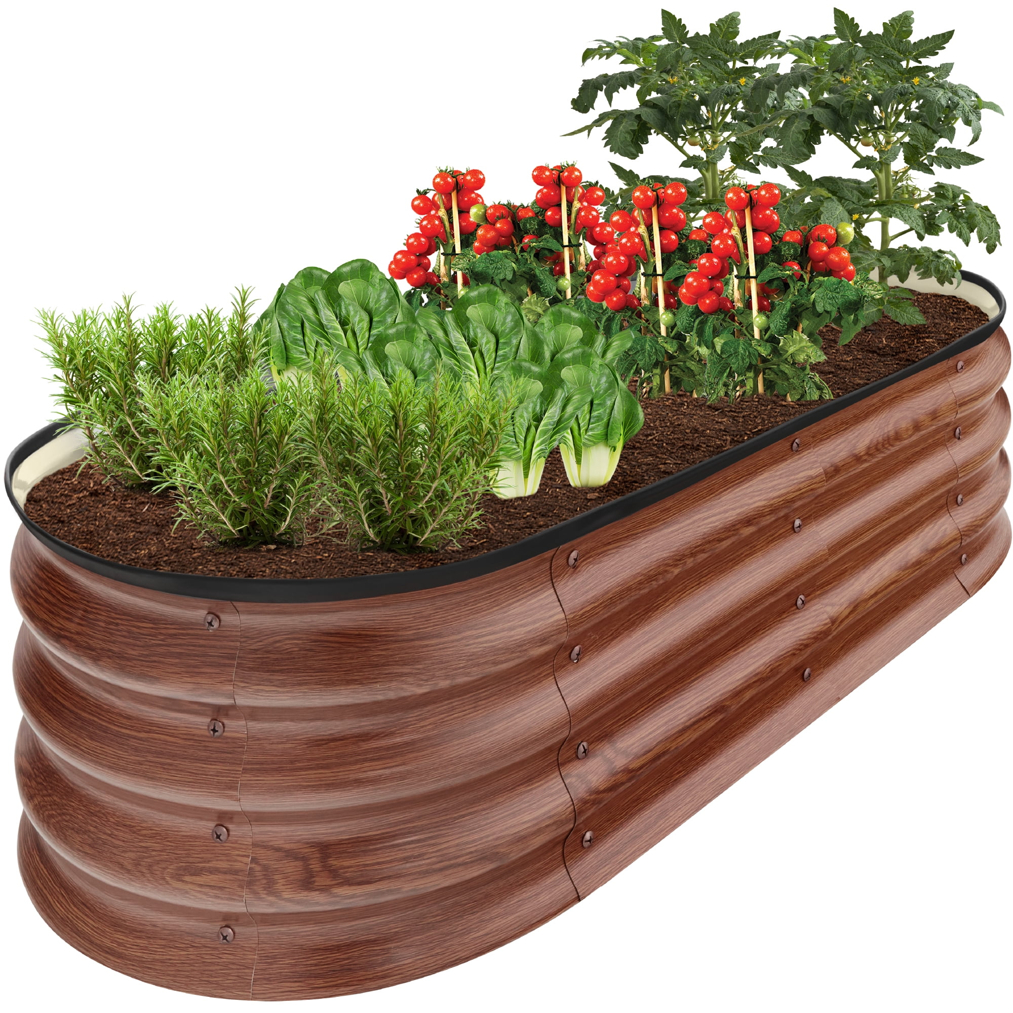 Best Choice Products 4x2x1ft Outdoor Raised Metal Oval Garden Bed, Planter Box for Vegetables, Flowers - Wood Grain