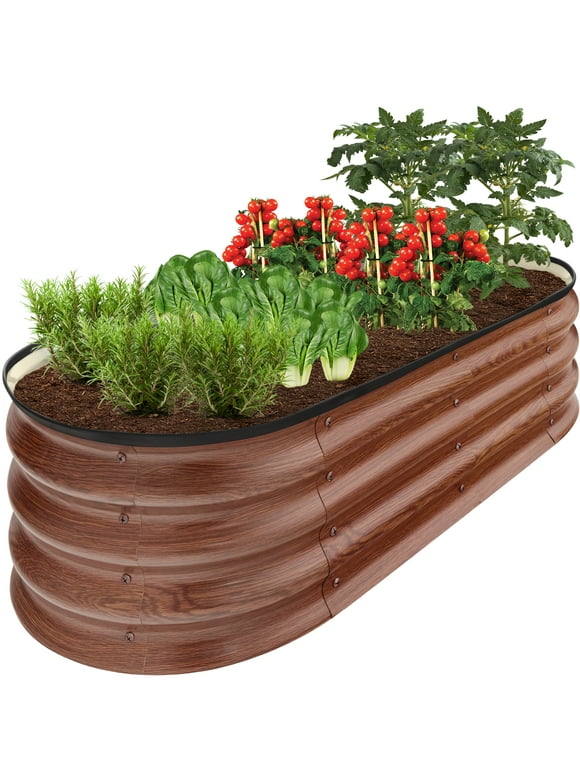 Best Choice Products 4x2x1ft Outdoor Raised Metal Oval Garden Bed, Planter Box for Vegetables, Flowers - Wood Grain