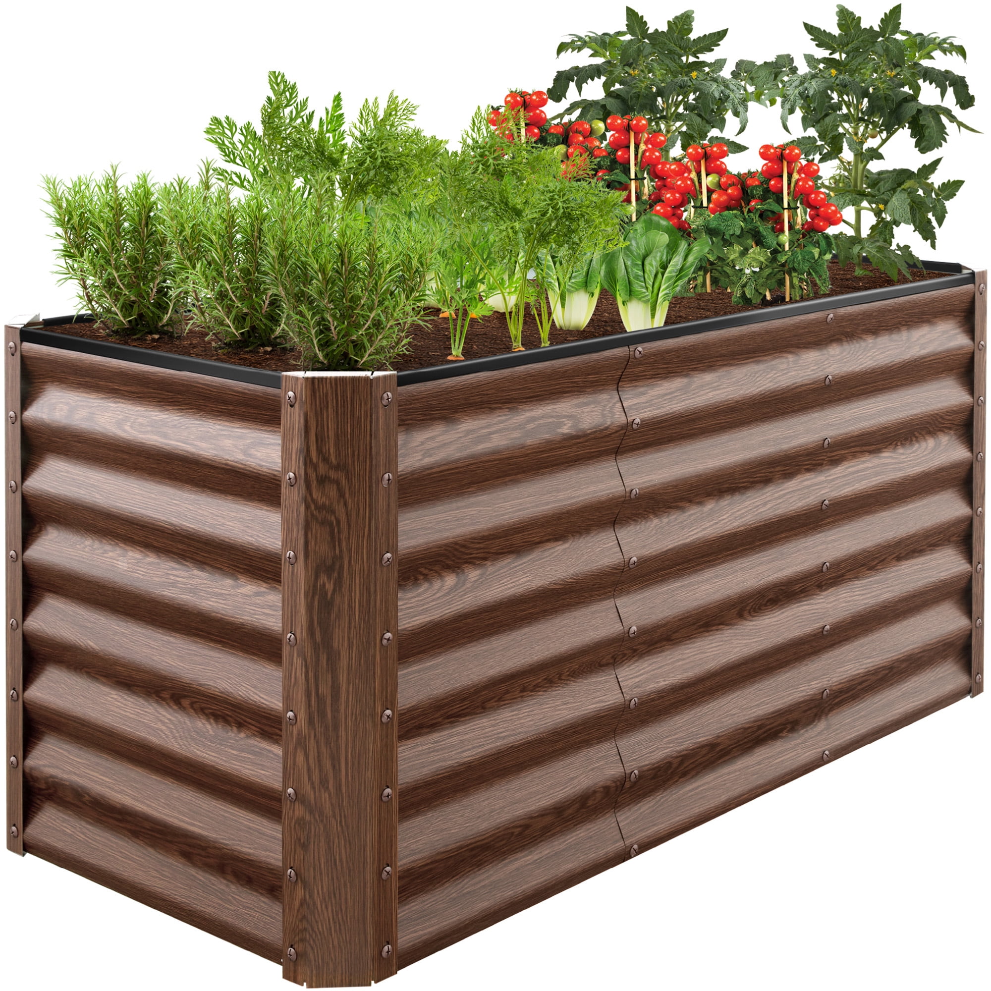 Best Choice Products 4x2x2ft Outdoor Metal Raised Garden Bed for Vegetables Flowers Herbs - Dark Brown Wood Grain