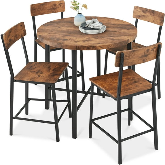 Best Choice Products 5-Piece Modern Round Counter Height Dining Set w/ 4 Chairs, 1.5in Thick Table - Brown