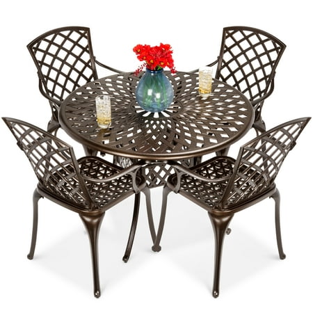 Best Choice Products 5-Piece All-Weather Cast Aluminum Patio Dining Set w/ Chairs, Umbrella Hole, Lattice Weave Design