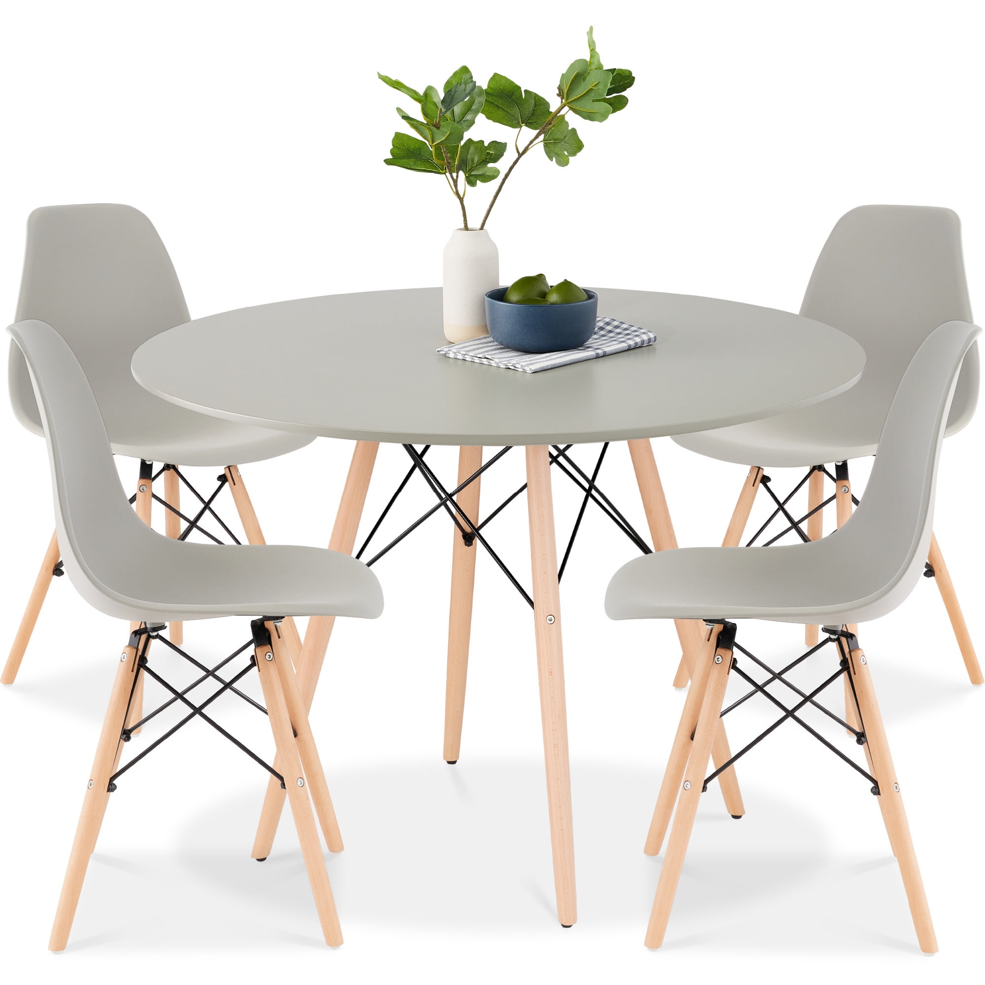Gray and Oak Round Mid-Century Modern Dining Set with Beech Wood Legs