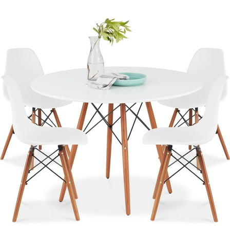 Best Choice Products 5-Piece Compact Mid-Century Modern Dining Set w/ 4 Chairs, Wooden Legs - White/Walnut