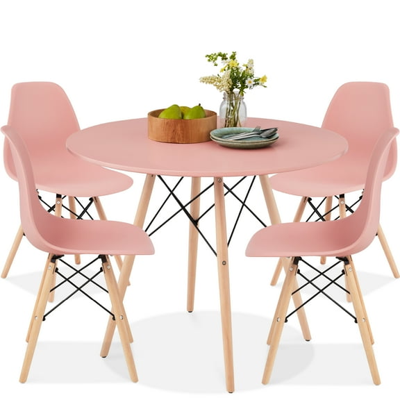 Best Choice Products 5-Piece Compact Mid-Century Modern Dining Set w/ 4 Chairs, Wooden Legs - Pink/Oak