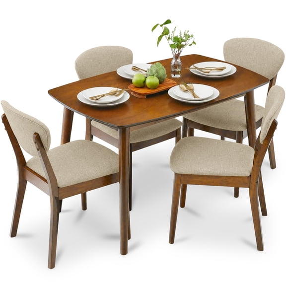 Best Choice Products 5-Piece Compact Wooden Mid-Century Modern Dining Set w/ 4 Chairs, Padded Seat & Back - Walnut/Oatmeal