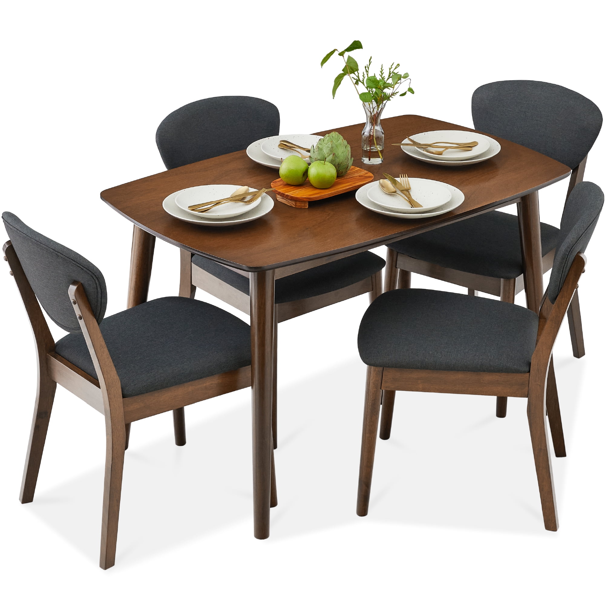 5-Piece Charcoal Walnut Mid-Century Modern Dining Set with Padded Chairs