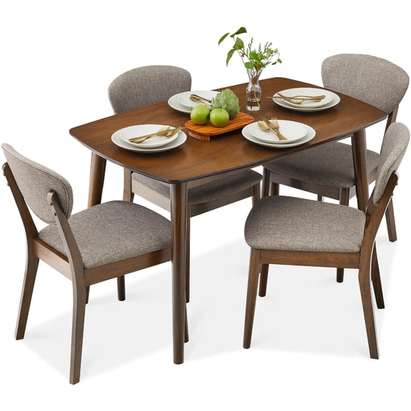 Best Choice Products 5-Piece Compact Wooden Mid-Century Modern Dining Set w/ 4 Chairs, Padded Seat & Back - Walnut/Light Gray