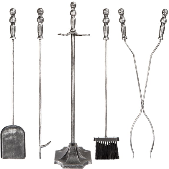 Best Choice Products 5-Piece Fireplace and Firepit Iron Tool Set w/ Tongs, Poker, Broom, Shovel, Stand - Pewter