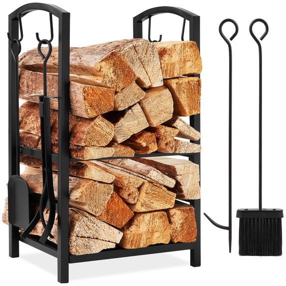 Best Choice Products 5-Piece Firewood Log Rack Holder Tools Set for Fireplace w/ Hook, Broom, Shovel, Tongs - Black