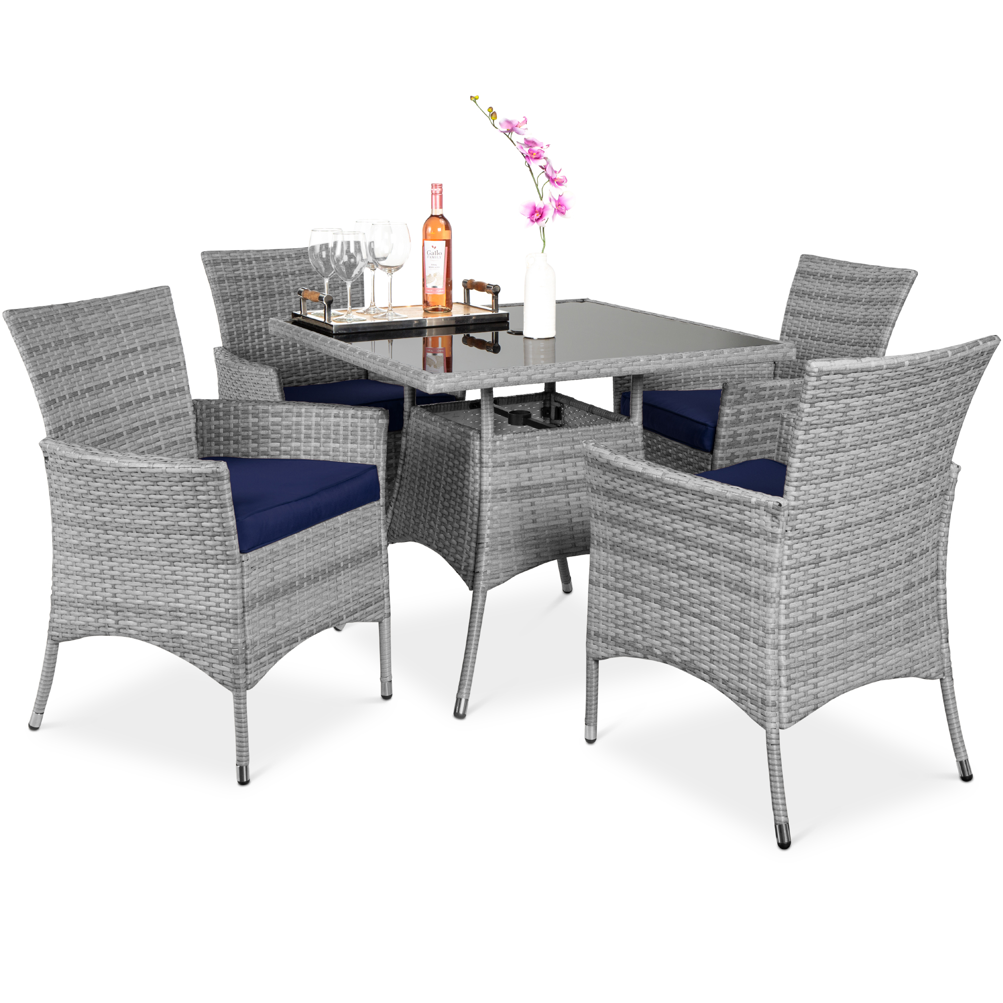 Best Choice Products 5-Piece Indoor Outdoor Wicker Patio Dining Table Furniture Set w/ Umbrella Cutout, 4 Chairs - Navy - image 1 of 7