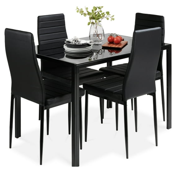 Best Choice Products 5-Piece Kitchen Dining Table Set w/ Glass Tabletop, 4 Faux Leather Chairs - Black
