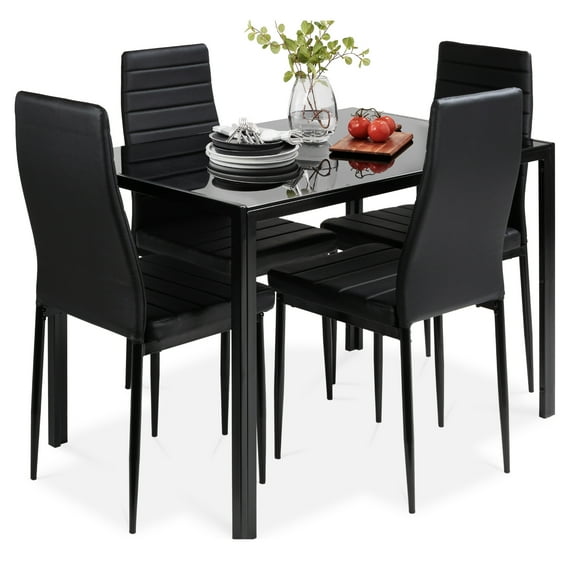 Best Choice Products 5-Piece Kitchen Dining Table Set w/ Glass Tabletop, 4 Faux Leather Chairs - Black