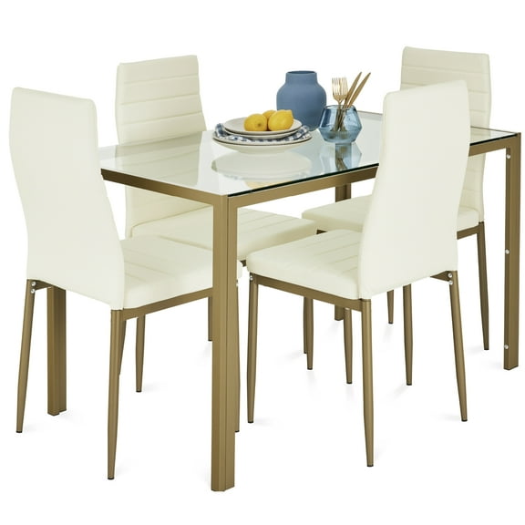 Best Choice Products 5-Piece Kitchen Dining Table Set w/ Glass Tabletop, 4 Faux Leather Chairs - Ivory/Gold