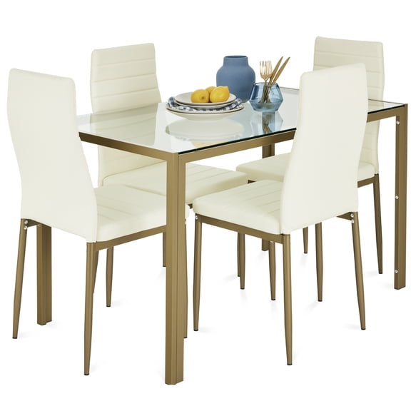Best Choice Products 5-Piece Kitchen Dining Table Set w/ Glass Tabletop, 4 Faux Leather Chairs - Ivory/Gold