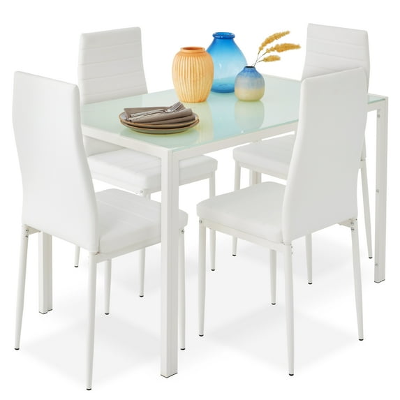 Best Choice Products 5-Piece Kitchen Dining Table Set w/ Glass Tabletop, 4 Faux Leather Chairs - White