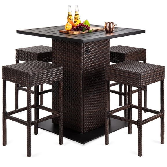 Best Choice Products 5-Piece Patio Wicker Bar Set w/ Built-In Bottle Opener, Hidden Storage Shelf, 4 Stools - Brown