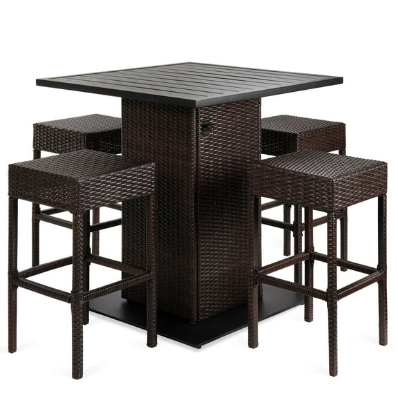 Best Choice Products 5-Piece Patio Wicker Bar Set w/ Built-In Bottle Opener, Hidden Storage Shelf, 4 Stools - Brown