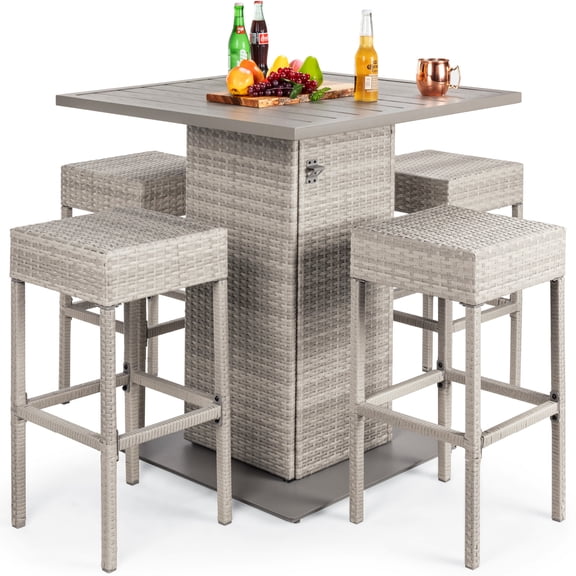 Best Choice Products 5-Piece Patio Wicker Bar Set w/ Built-In Bottle Opener, Hidden Storage Shelf, 4 Stools - Gray