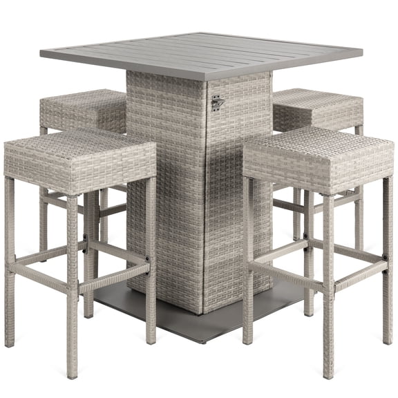 Best Choice Products 5-Piece Patio Wicker Bar Set w/ Built-In Bottle Opener, Hidden Storage Shelf, 4 Stools - Gray