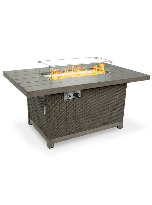 Best Choice Products 52in 50,000 BTU Wicker Propane Fire Pit Table w/ Aluminum Top, Wind Guard, Cover, Glass Beads