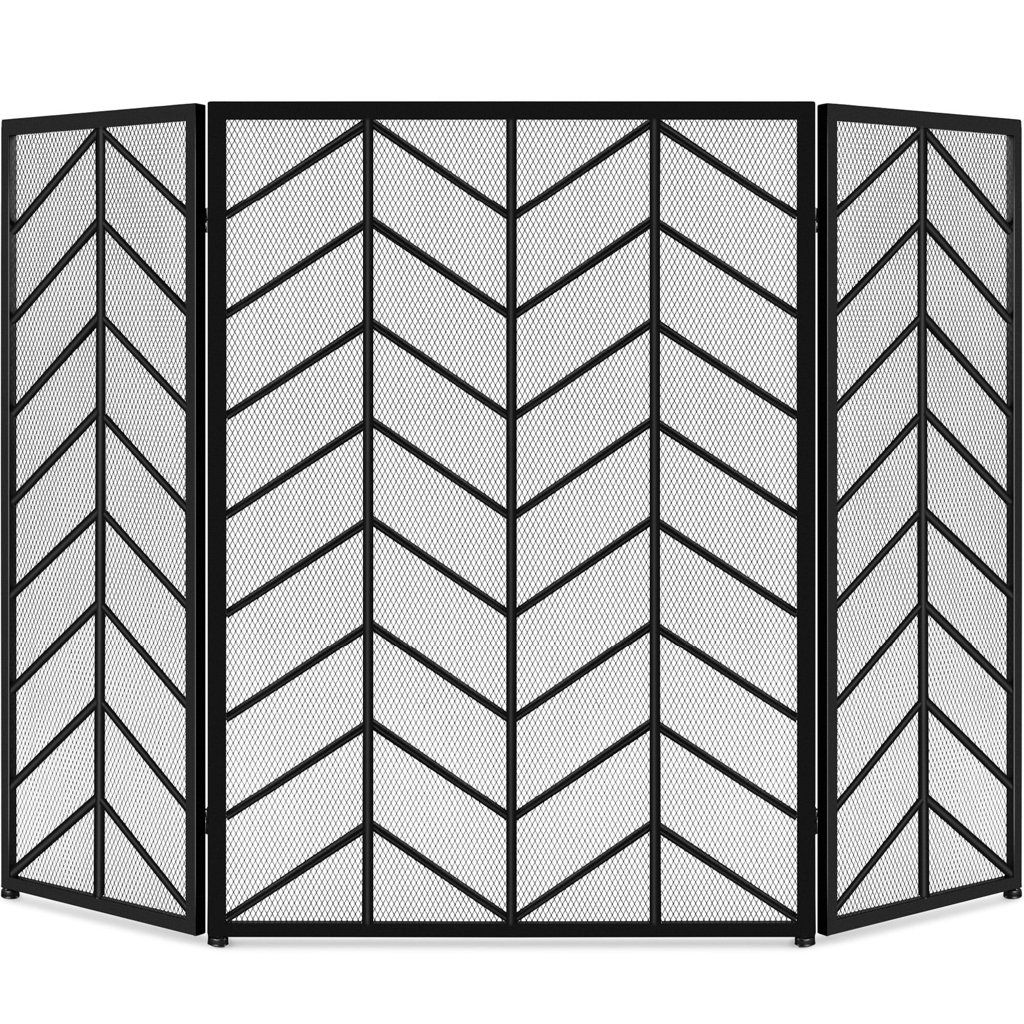 Best Choice Products 52x31in 3-Panel Iron Chevron Fireplace Screen, Spark Guard w/ Handles - Black