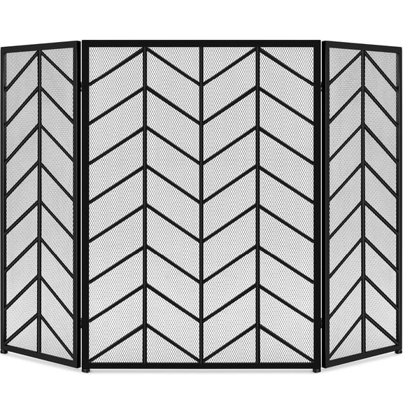 Best Choice Products 52x31in 3-Panel Iron Chevron Fireplace Screen, Spark Guard w/ Handles - Black