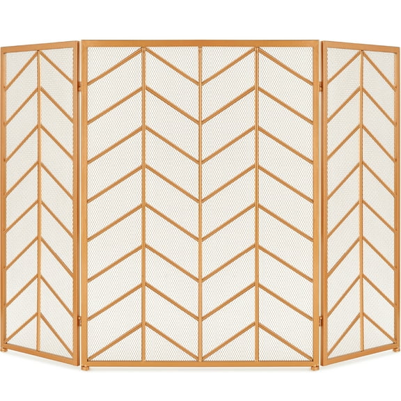 Best Choice Products 52x31in 3-Panel Iron Chevron Fireplace Screen, Spark Guard w/ Handles - Gold