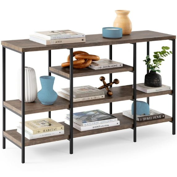 Best Choice Products 55in Industrial 4-Tier Console Table w/ Tall Shelves, Metal Frame - Dark Walnut