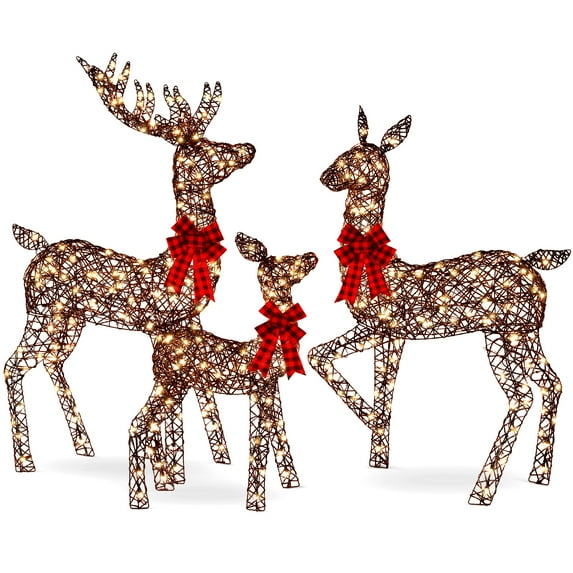 Best Choice Products 6.5ft 3-Piece Lighted Christmas Deer Set Outdoor Yard Decoration w/ 385 LED Lights, Stakes - Rattan