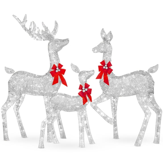 Best Choice Products 6.5ft 3-Piece Lighted Christmas Deer Set Outdoor Yard Decoration w/ 385 LED Lights, Stakes - Silver