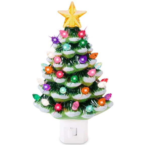 Best Choice Products 6.7in Ceramic Christmas Tree Nightlight Plug In Hand Painted Holiday Night Lamp - Frosted Green