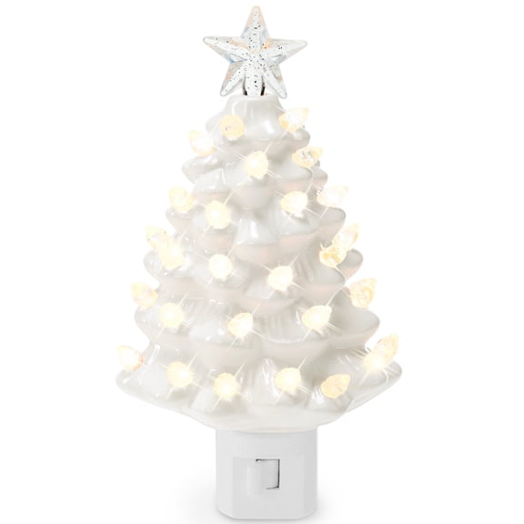 Best Choice Products 6.7in Ceramic Christmas Tree Nightlight Plug In Hand Painted Holiday Night Lamp - White