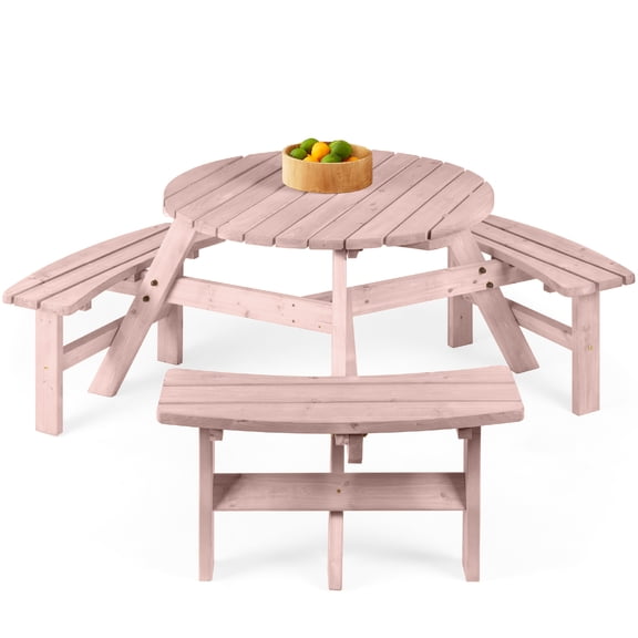 Best Choice Products 6-Person Circular Outdoor Wooden Picnic Table w/ 3 Built-In Benches, 500lb Capacity - Rose Quartz