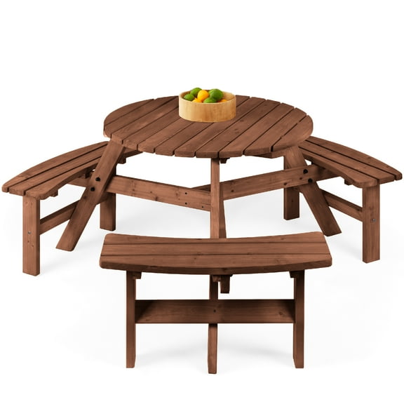 Best Choice Products 6-Person Circular Outdoor Wooden Picnic Table w/ 3 Built-In Benches, 500lb Capacity - Walnut Brown