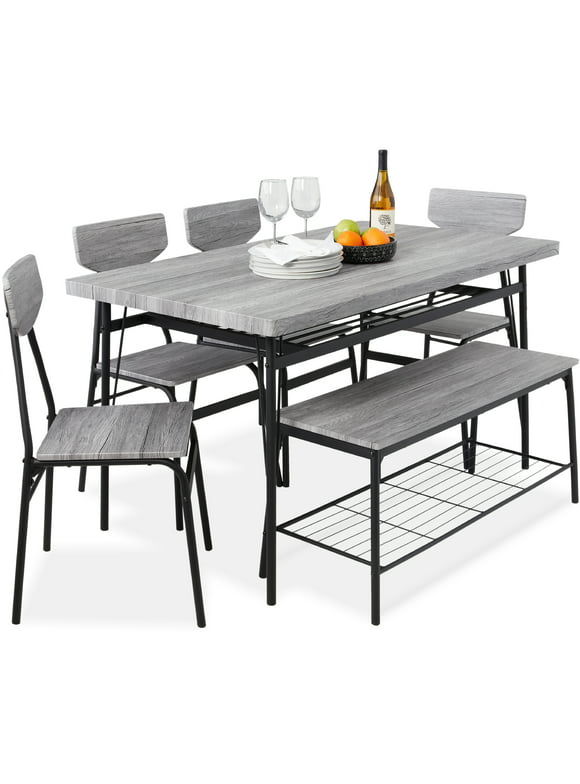 Best Choice Products 6-Piece 55in Modern Home Dining Set w/ Storage Racks, Rectangular Table, Bench, 4 Chairs - Gray