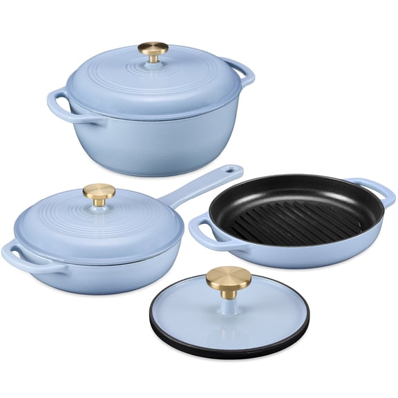 Best Choice Products Non-Stick Pot & Pan Cookware Set, Cast Iron Skillet, Grill Pan W/ Press, Dutch Oven - Cornflower