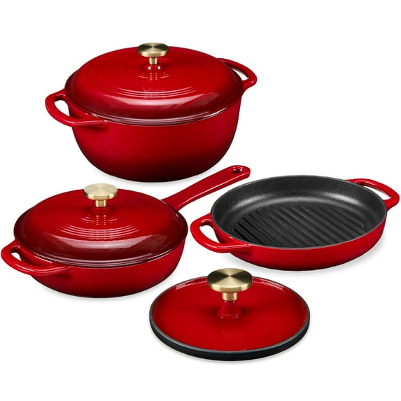 Best Choice Products Non-Stick Pot & Pan Cookware Set, Cast Iron Skillet, Grill Pan W/ Press, Dutch Oven - Red
