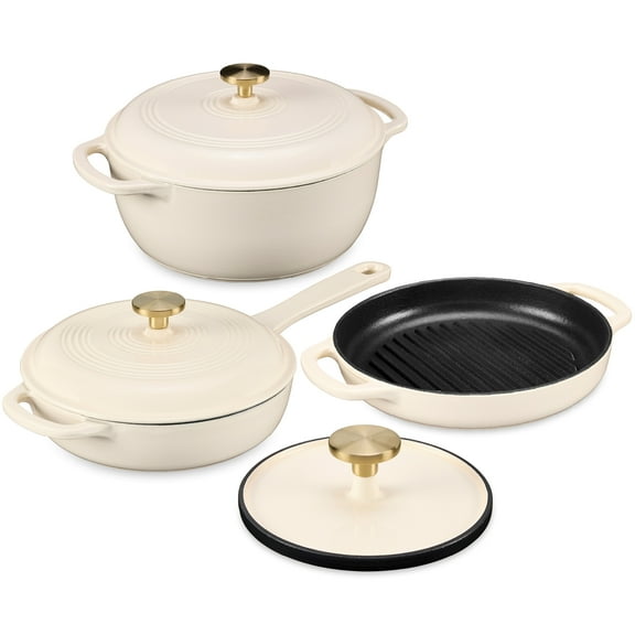Best Choice Products 6-Piece Enameled Cast Iron Cookware Set, 6QT Dutch Oven W/ Lid, 2QT Skillet W/ Lid, Grill Pan, Grill Press - Vanilla
