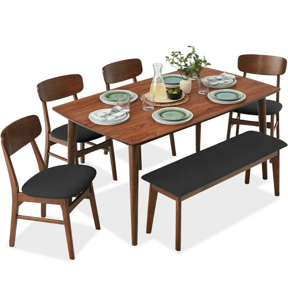 Best Choice Products 6-Piece Mid-Century Modern Upholstered Wooden Dining Set w/ 4 Chairs, Bench - Walnut/Charcoal