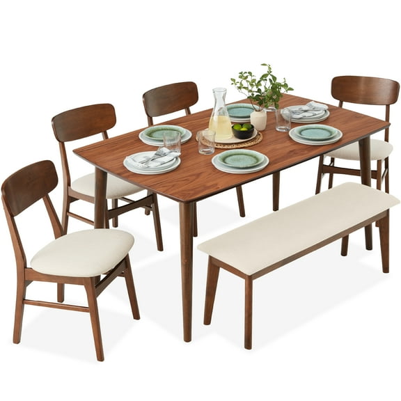 Best Choice Products 6-Piece Mid-Century Modern Upholstered Wooden Dining Set w/ 4 Chairs, Bench - Walnut/Cream
